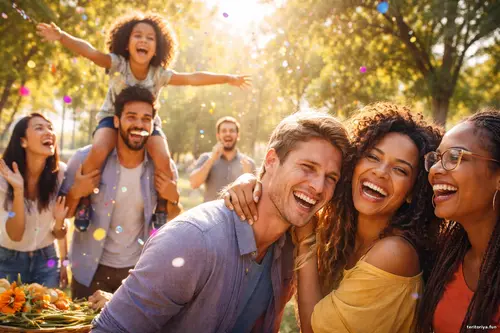 Люди та емоції - Мить, що лишилась Група людей щиро сміється та обіймається в сонячному парку