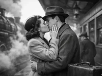 Чорно-біла романтична сцена прощання пари на вокзалі