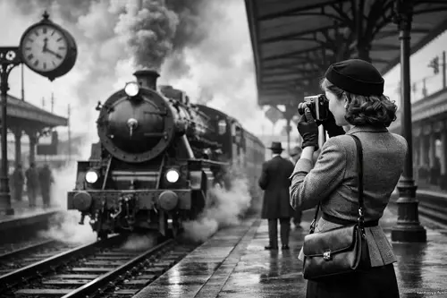Чорно-біле ретро фото: паровоз прибуває на станцію, жінка на пероні