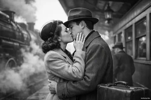 Чорно-біла романтична сцена прощання пари на вокзалі