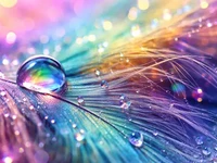 Краплина роси на пір’ї в макрозйомці з м’яким райдужним сяйвом