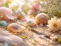 Мушлі, пір’їна, квіти й краплі роси у м’якому теплому світлі