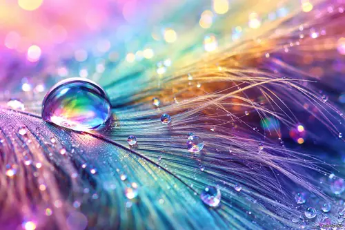 Краплина роси на пір’ї в макрозйомці з м’яким райдужним сяйвом
