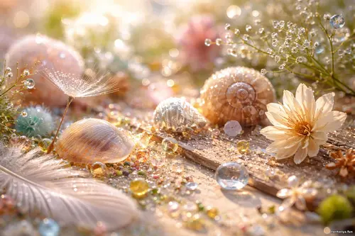 Деталі та текстури - Мить, що лишилась Мушлі, пір’їна, квіти й краплі роси у м’якому теплому світлі