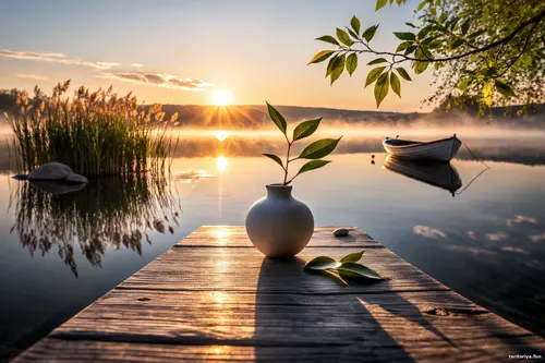 Мінімалістичний світанковий пейзаж: біла ваза з гілкою