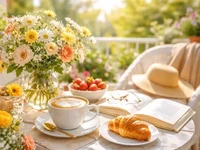 Чашка кави, круасан, квіти та відкрита книга на сонячній терасі вранці