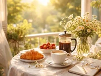 Світлий ранковий столик на балконі з чашкою кави, круасаном, полуницею