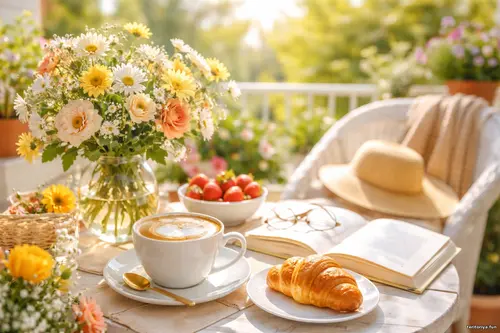 Чашка кави, круасан, квіти та відкрита книга на сонячній терасі вранці