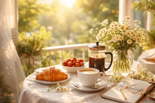 Ранки та кава - Мить, що лишилась Світлий ранковий столик на балконі з чашкою кави, круасаном, полуницею