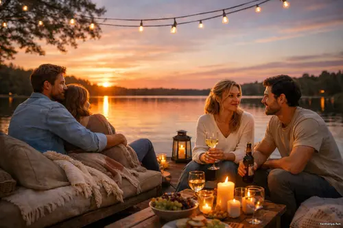 Вечори та розмови - Мить, що лишилась Четверо друзів відпочивають біля озера на терасі під час заходу сонця