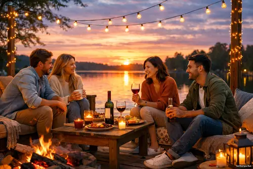 Четверо друзів відпочивають і розмовляють на дерев’яній терасі