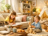 Світла затишна вітальня з дітьми, котом і теплим сонячним світлом