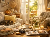 Домашній затишок - Мить, що лишилась Сонячна затишна вітальня з м’якими меблями, пледом, чашкою чаю, книгам