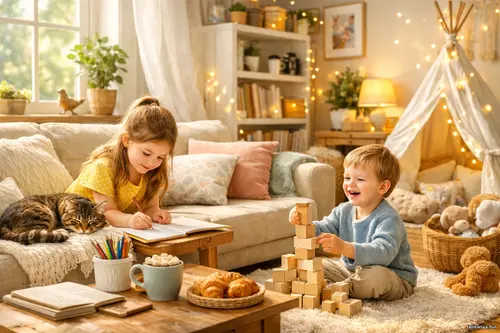 Світла затишна вітальня з дітьми, котом і теплим сонячним світлом