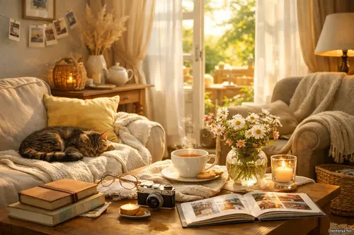 Домашній затишок - Мить, що лишилась Сонячна затишна вітальня з м’якими меблями, пледом, чашкою чаю, книгам