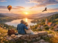 Двоє мандрівників сидять на кам’яній стіні над озером у променях