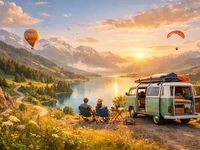 Мандрівники біля кемпера на пагорбі милуються заходом сонця над озером