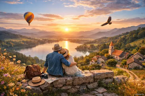 Двоє мандрівників сидять на кам’яній стіні над озером у променях