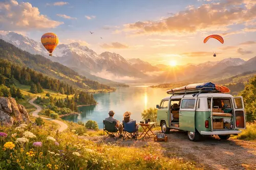 Мандрівники біля кемпера на пагорбі милуються заходом сонця над озером