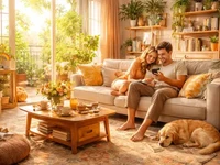 Мій дім, мої правила - Мить, що лишилась Світла затишна вітальня у теплих тонах, де пара сидить на дивані