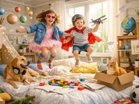Діти стрибають на ліжку в сонячній кімнаті серед іграшок, поруч пес