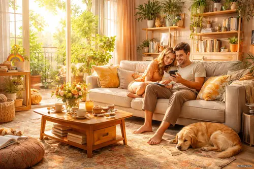 Мій дім, мої правила - Мить, що лишилась Світла затишна вітальня у теплих тонах, де пара сидить на дивані