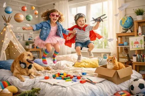 Діти стрибають на ліжку в сонячній кімнаті серед іграшок, поруч пес