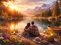 Пара сидить на дерев’яному причалі біля гірського озера