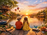 Двоє дітей сидять на дерев’яному пірсі біля озера на заході сонця