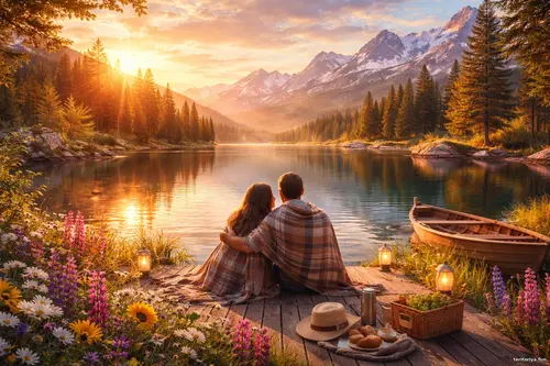 Пара сидить на дерев’яному причалі біля гірського озера