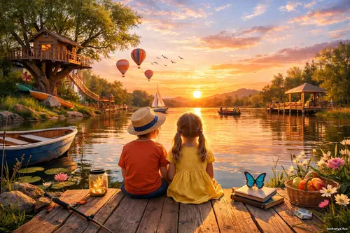 Двоє дітей сидять на дерев’яному пірсі біля озера на заході сонця