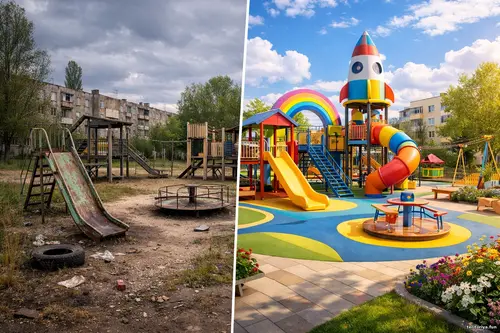 До/після: занедбаний дитячий майданчик поруч із оновленим яскравим