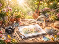 Світла творча композиція на природі з фотоапаратом, альбомом