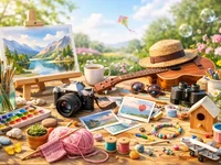 Кольоровий стіл із предметами для хобі на сонячному подвір’ї: мольберт