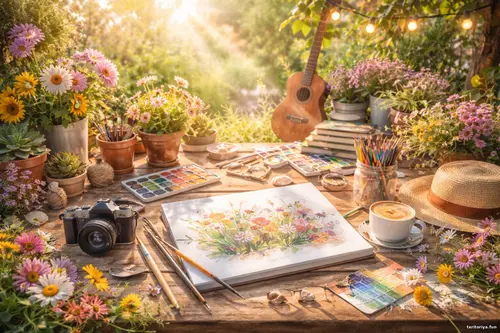 Світла творча композиція на природі з фотоапаратом, альбомом