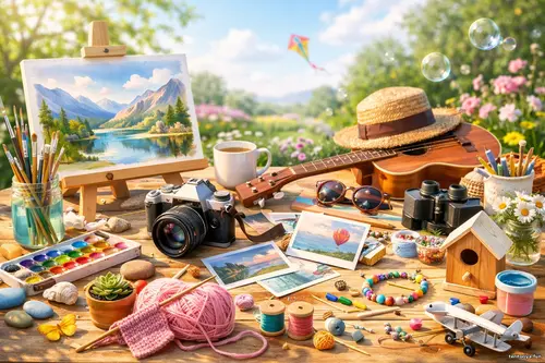 Кольоровий стіл із предметами для хобі на сонячному подвір’ї: мольберт