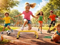 Спорт і рух - Мить, що лишилась Діти в яскравому сонячному парку займаються спортом і рухливими іграми