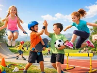 Діти займаються спортом на відкритому майданчику: стрибки, біг, м’яч