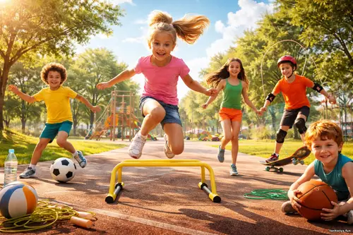 Спорт і рух - Мить, що лишилась Діти в яскравому сонячному парку займаються спортом і рухливими іграми