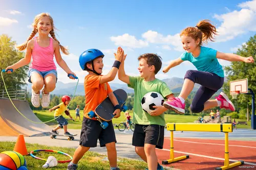 Діти займаються спортом на відкритому майданчику: стрибки, біг, м’яч