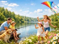 Сімейна прогулянка вихідного дня біля озера з риболовлею