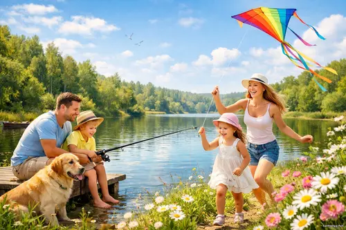 Сімейна прогулянка вихідного дня біля озера з риболовлею