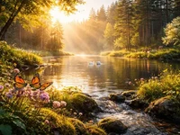 Світлий лісовий пейзаж біля тихої річки з лебедями, метеликами