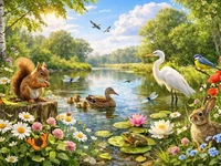 Лісова галявина біля сонячної водойми з квітами, птахами, білкою....