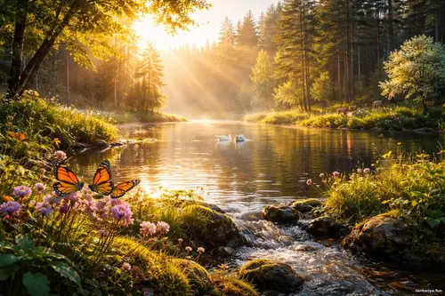 Світлий лісовий пейзаж біля тихої річки з лебедями, метеликами