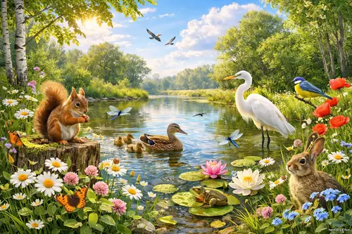 Лісова галявина біля сонячної водойми з квітами, птахами, білкою....