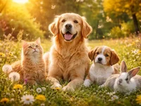 Коти, пси та компанія - Мить, що лишилась Кіт, пес, цуценя та кролик лежать разом на сонячній галявині