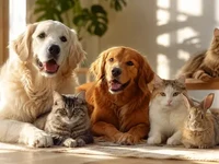 Коти, пси та кролик відпочивають разом у теплій кімнаті, залитій м’яки