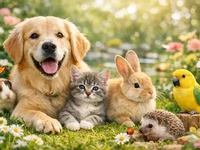 Компанія домашніх тварин у квітучому саду: золотистий пес, кошеня...