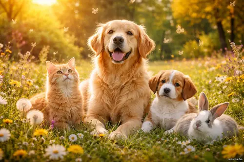 Коти, пси та компанія - Мить, що лишилась Кіт, пес, цуценя та кролик лежать разом на сонячній галявині
